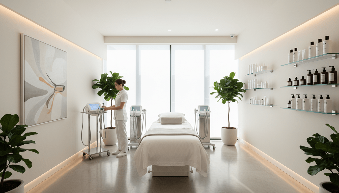 Modern, minimalist aesthetic clinic treatment room with natural lighting, professional equipment, and serene wellness ambiance Modern, minimalist aesthetic clinic treatment room with natural lighting, professional equipment, and serene wellness ambiance